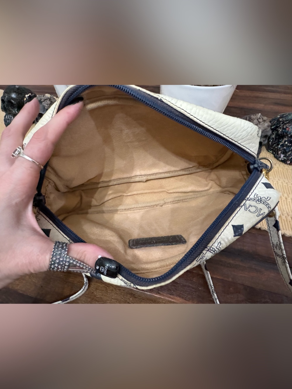 MCM White and Navy Visetos Logo Crossbody Bag - Picture 11 of 17